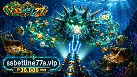 SSBET77 fishing scene with a fast school crossing teal water beside a directional cannon
