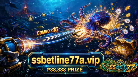SSBET77 fishing scene with a larger underwater creature entering a gold-lit center target area