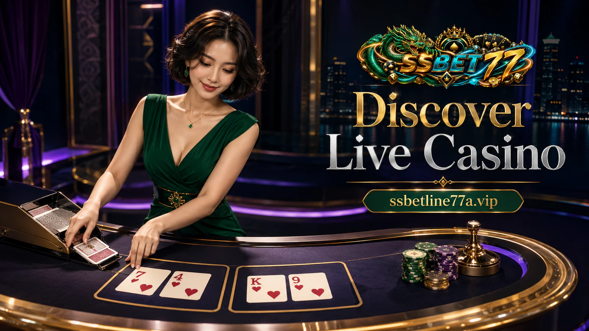 SSBET77 online casino login transition into a gold-lit live dealer lobby with an emerald casino table